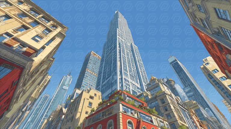 Tall White Skyscraper Dominating Vintage Urban Street View