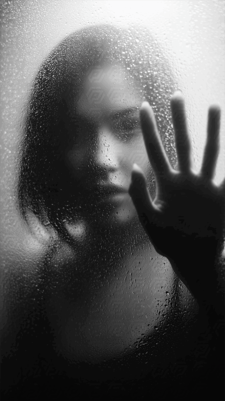 Woman Behind Steamed Glass With Outstretched Hand