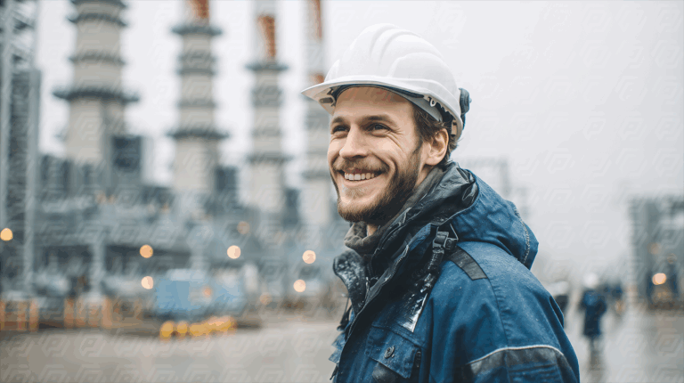 Smiling Engineer Wearing Hard Hat at Industrial Facility