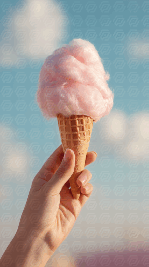 Cotton Candy Cone Held Against Blue Sky