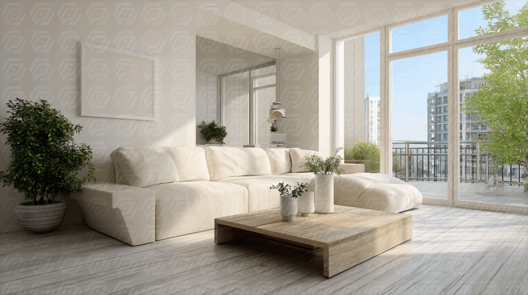 Bright Modern Living Room With Sectional Sofa And City View