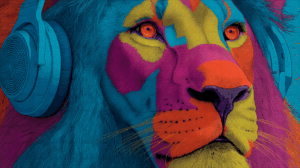 Colorful Lion Close-Up With Headphones On Blue Background