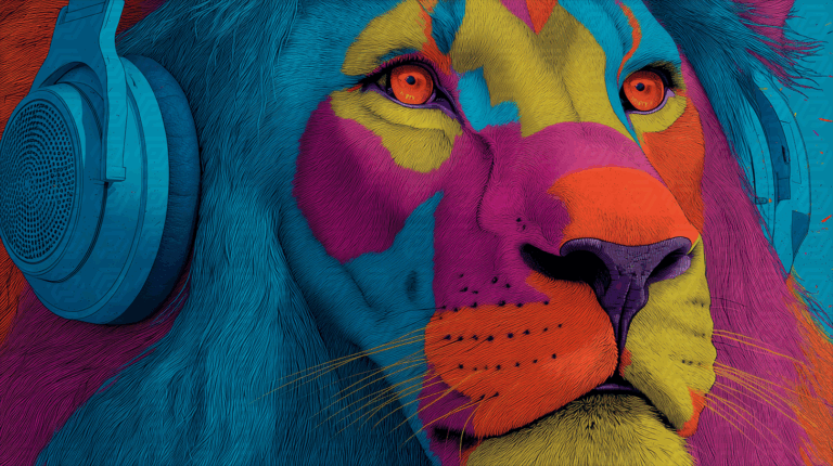 Colorful Lion Close-Up With Headphones On Blue Background