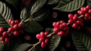 Fresh Coffee Cherries on Branch with Lush Leaves