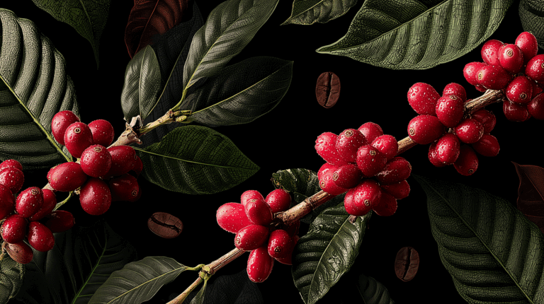 Fresh Coffee Cherries on Branch with Lush Leaves