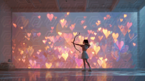 Girl Aiming Bow Surrounded by Glowing Hearts in Modern Room