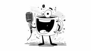 Cartoon Coffee Mug Singing Into a Vintage Microphone