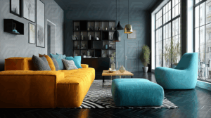 Modern Living Room With Bold Yellow And Blue Furniture