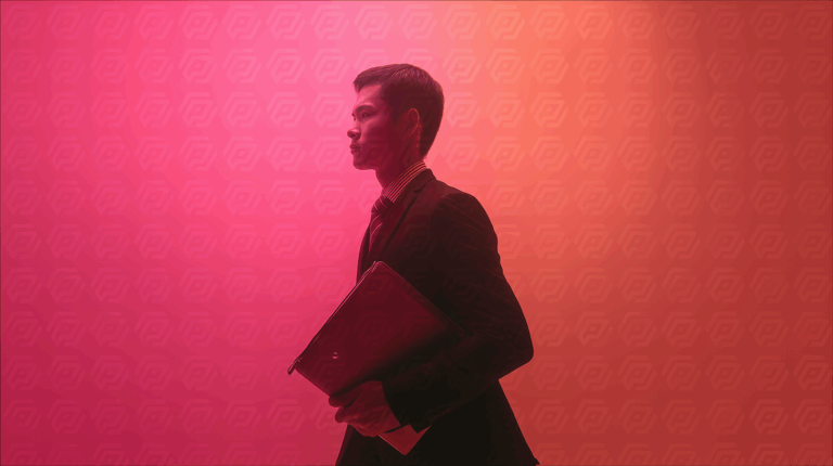 Business Professional in Vibrant Red Light Holding Portfolio