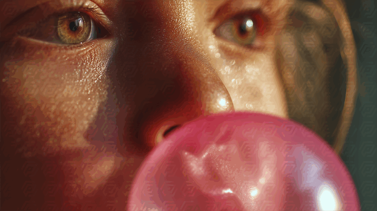 Extreme Close-Up of Child with Bubblegum Bubble and Shimmering Skin