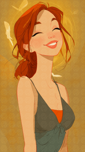 Stylized Cartoon Illustration of a Cheerful Woman with Red Hair