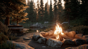 Campfire on Forest Edge by Tranquil Lake