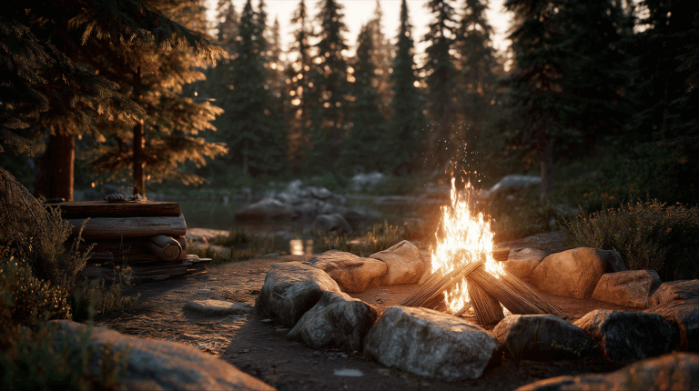 Campfire on Forest Edge by Tranquil Lake
