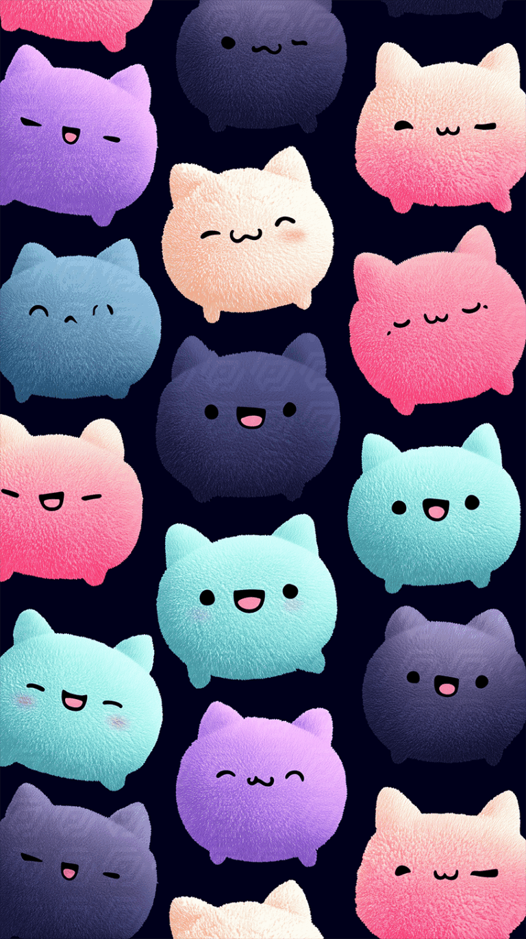 Fluffy Pastel Cat Characters on a Dark Background