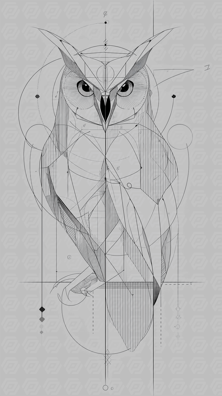 Symmetrical Owl Drawing with Futuristic Geometric Patterns