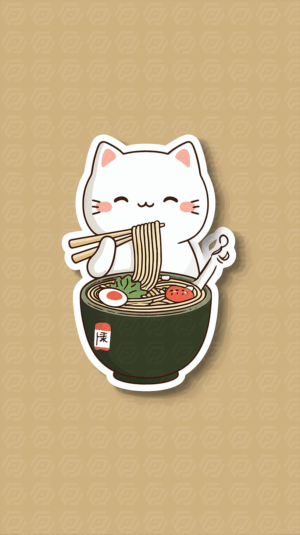 Cartoon Cat Eating Ramen Noodles from Green Bowl