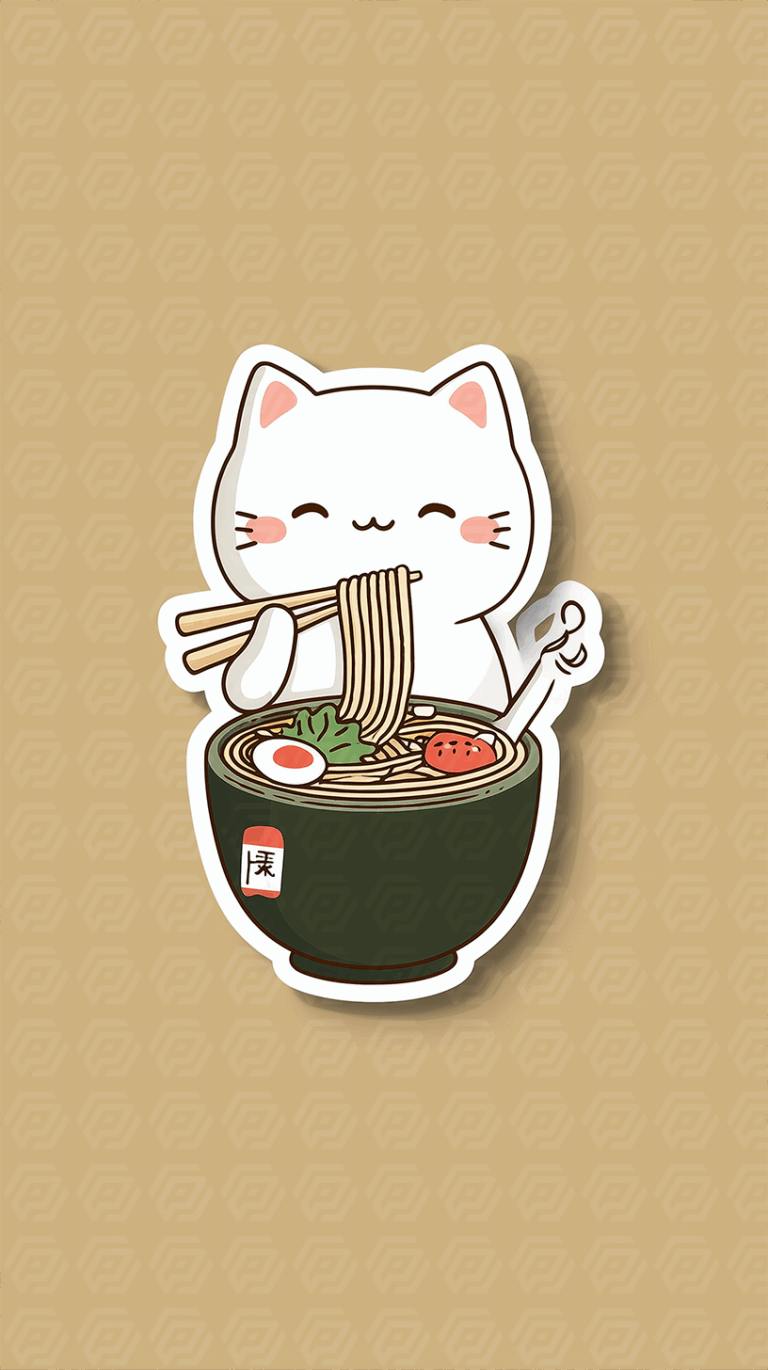 Cartoon Cat Eating Ramen Noodles from Green Bowl