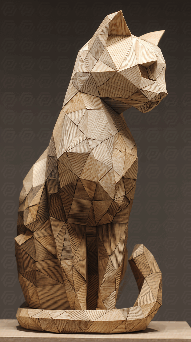 Abstract Geometric Cat Sculpture in Angular Wooden Segments