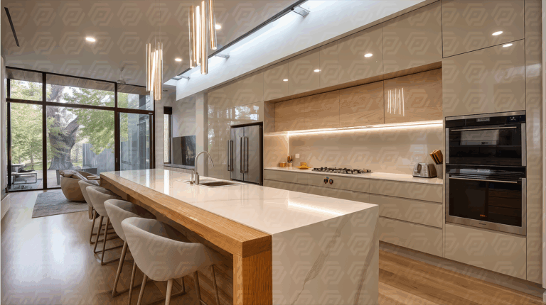 Contemporary Kitchen With Natural Wood and Open View
