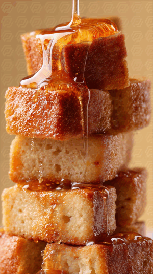Crispy Bread Cubes Stacked With Pouring Syrup