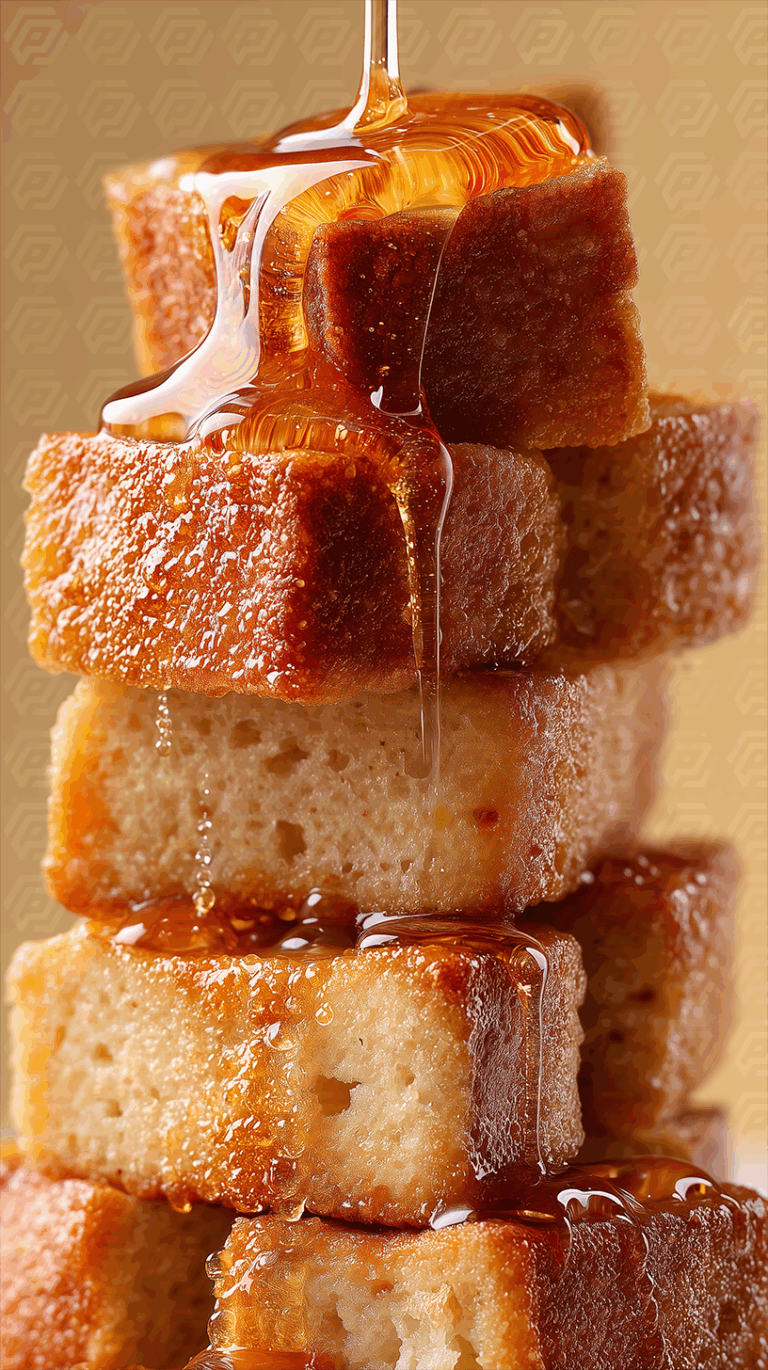 Crispy Bread Cubes Stacked With Pouring Syrup