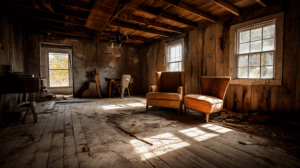 Dusty Abandoned Room with Armchairs and Autumn Window View