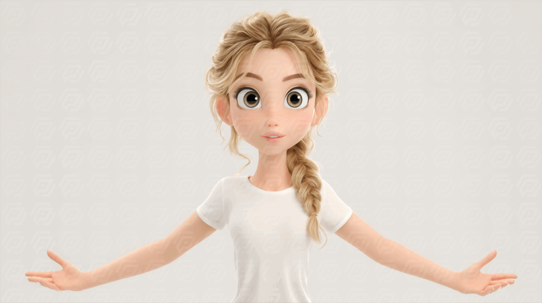 3D Cartoon Girl with Outstretched Arms on White Background