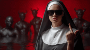 Cool Nun Facing Demonic Figures with Red Background