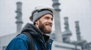 Confident Worker in Industrial Zone With Helmet and Beanie