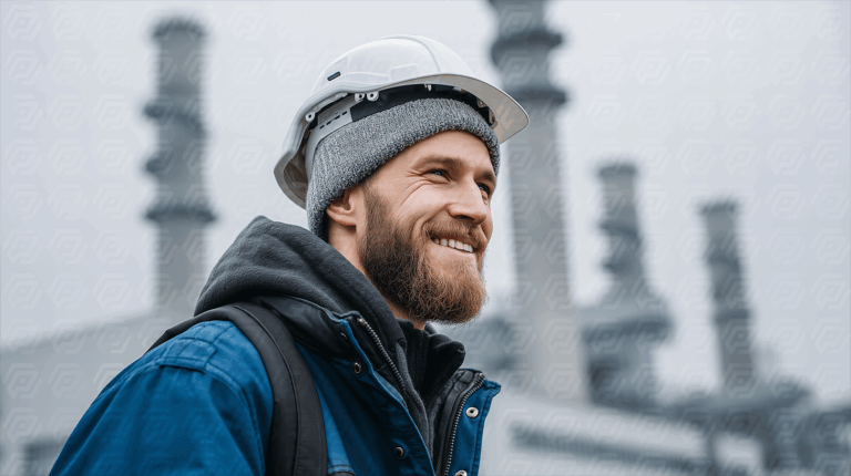 Confident Worker in Industrial Zone With Helmet and Beanie