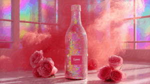 Luxury Love Bottle Surrounded by Roses and Pink Smoke