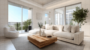 Stylish Living Room Interior With Sectional Couch And Balcony