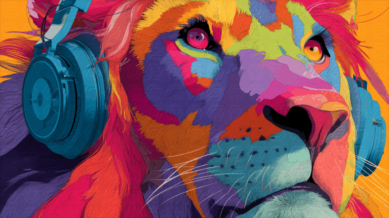 Multicolored Lion With Headphones Against Orange Background