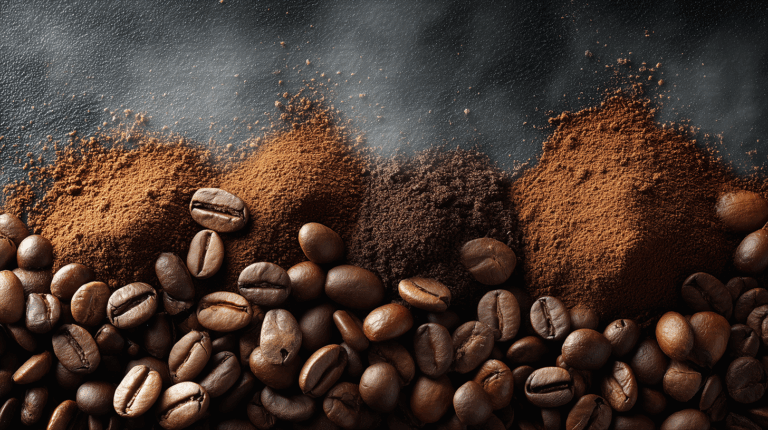 Coffee Beans with Assorted Ground Powder on Dark Surface