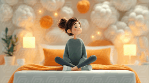 Cheerful Cartoon Girl Sitting on Bed Surrounded by Soft Cloud Decor