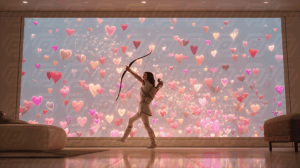 Woman Drawing Bow with Sparkling Hearts in Elegant Space