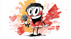 Colorful Coffee Cup Character with Microphone in Street Art Style