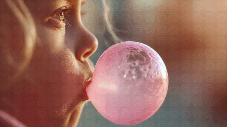 Side Profile of Young Girl Blowing Transparent Bubblegum Bubble