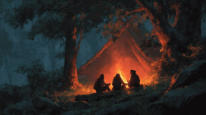 Campfire Gathering Near Tent in Forest at Night