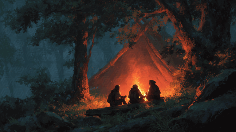 Campfire Gathering Near Tent in Forest at Night
