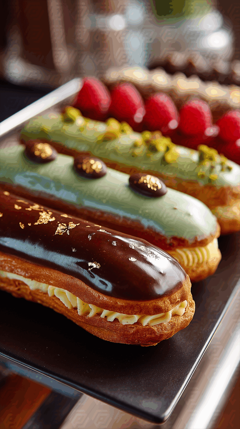 Close-Up of Assorted Gourmet Éclairs on Black Tray
