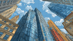 Glass Tower Surrounded by Colorful City Buildings