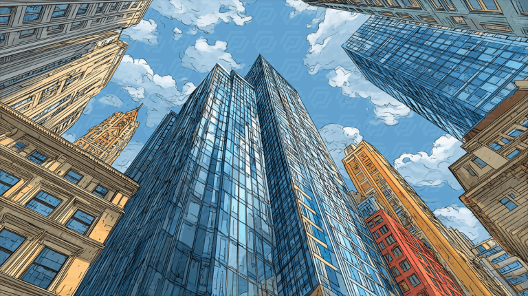 Glass Tower Surrounded by Colorful City Buildings