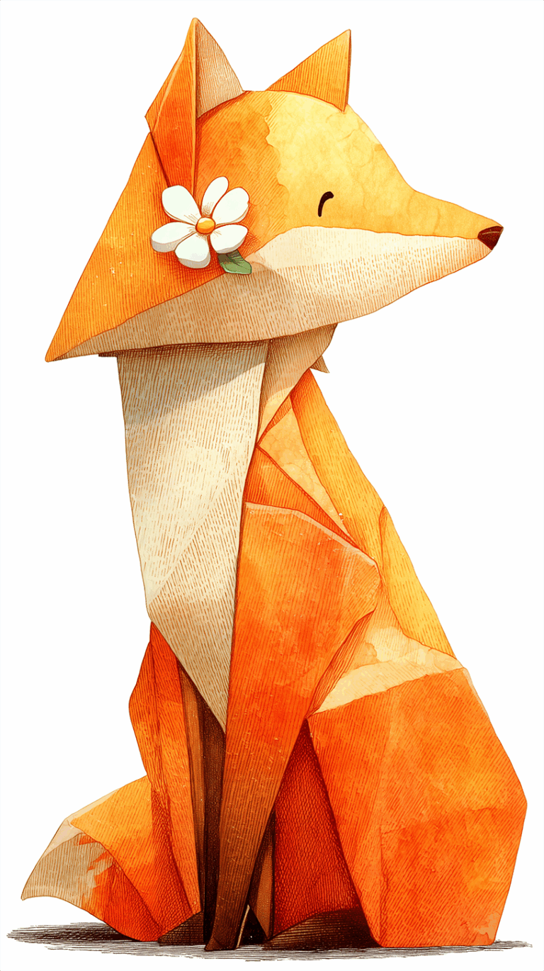 Cute Origami Style Fox with Flower on Ear