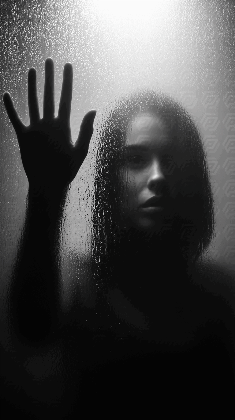 Woman Touching Fogged Glass With Upraised Arm in Shadow