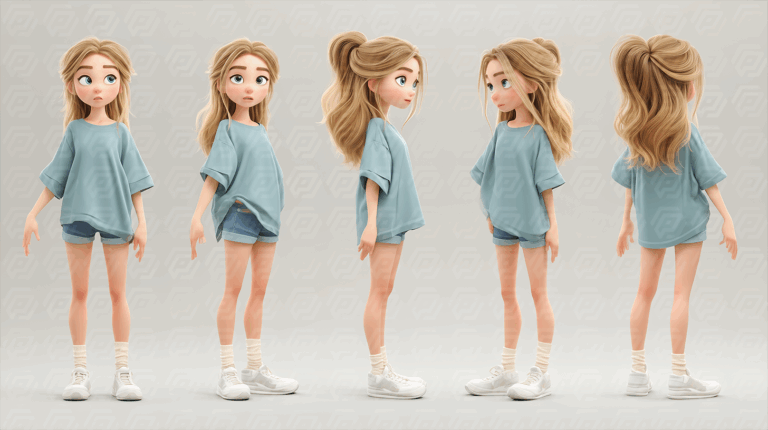 3D Character Turnaround of a Young Woman in Casual Outfit