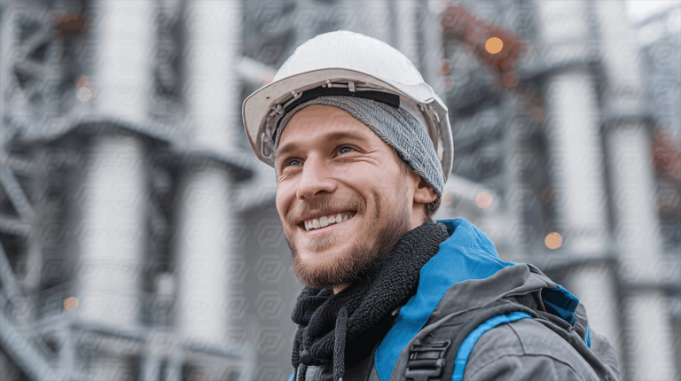 Industrial Engineer With White Helmet and Scarf Smiling Outdoors