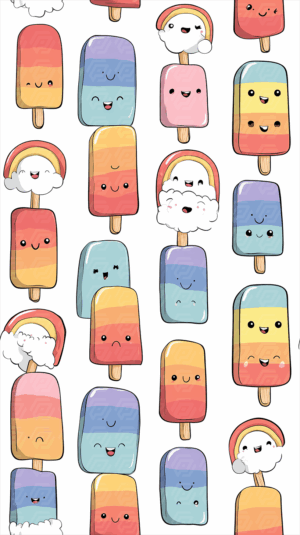 Cute Cartoon Popsicles and Rainbows with Happy Faces
