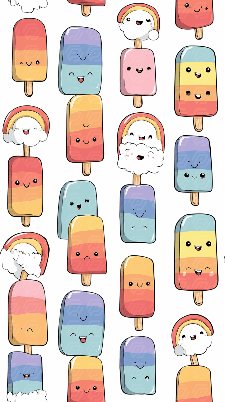 Cute Cartoon Popsicles and Rainbows with Happy Faces