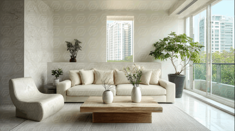 Elegant Modern Living Room With Marble Accent Wall And City View